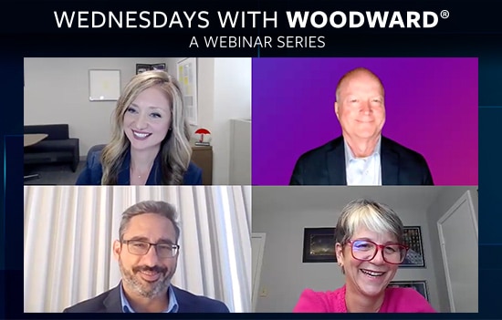 Screenshot of cyber best practices webinar on Zoom, text reads Wednesdays with Woodward, a Webinar Series