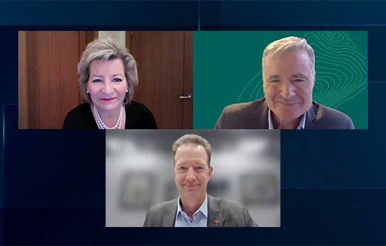 Screenshot of Zoom call with Joan Woodward, Jad Daley, and Michael Klein